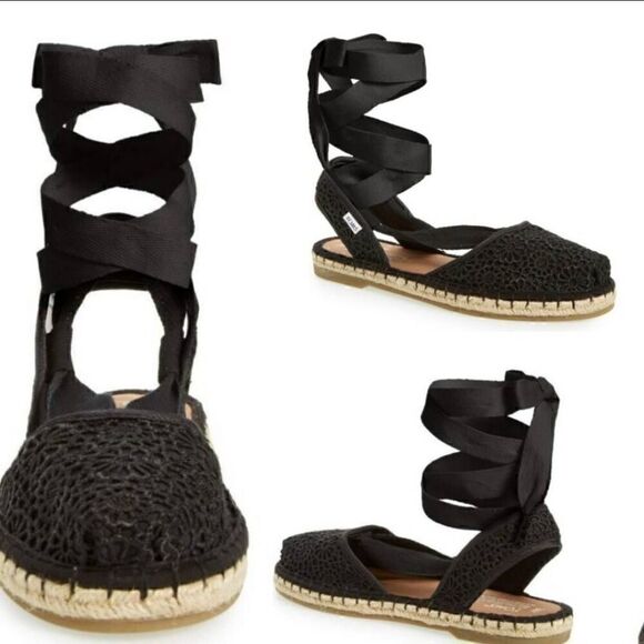 TOMS BELLA Womens Black CROCHET LACE UP ESPADRILLE SANDALS SHOES Size 6.5 - Picture 3 of 10